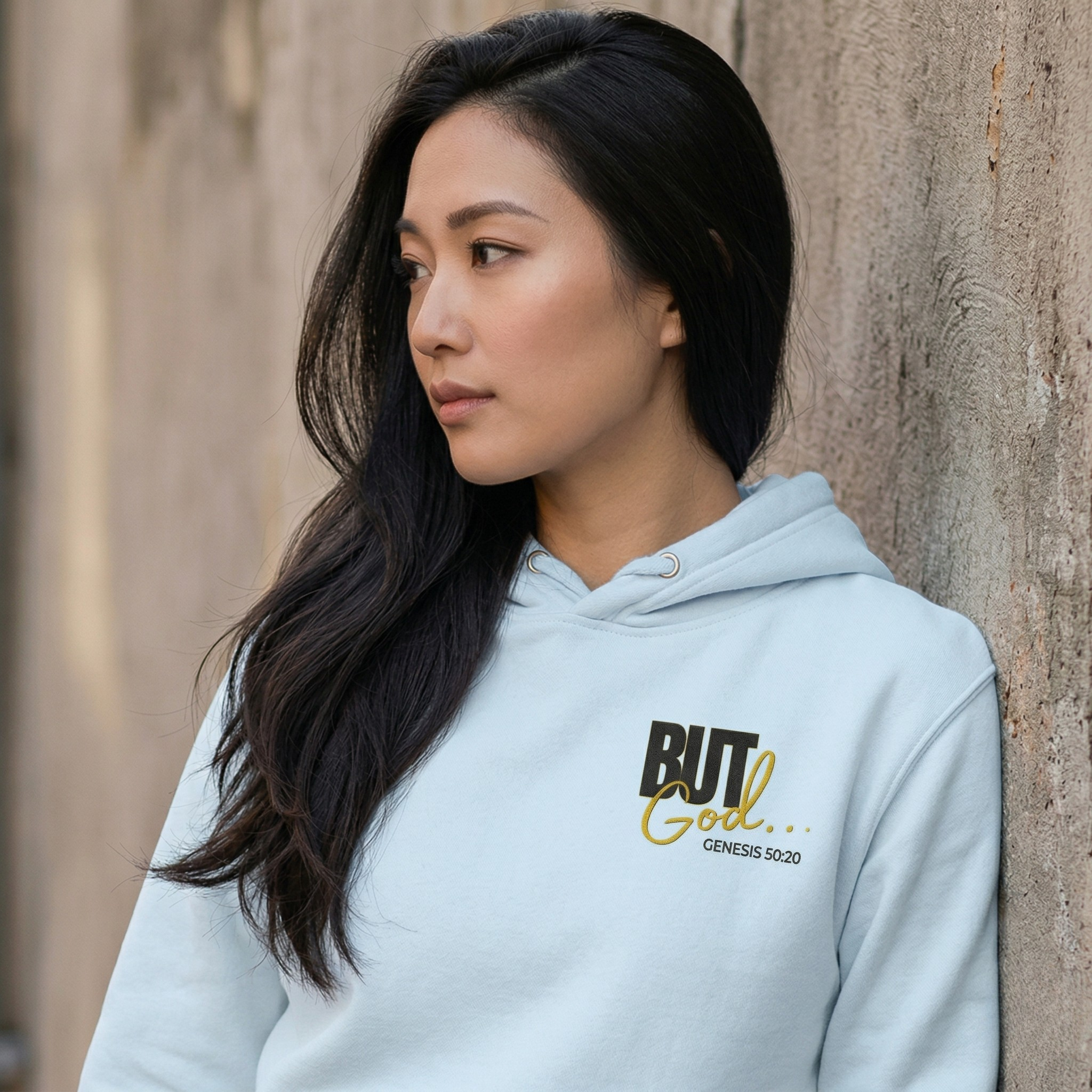 But God- lighter shades embroidered cotton hoodie