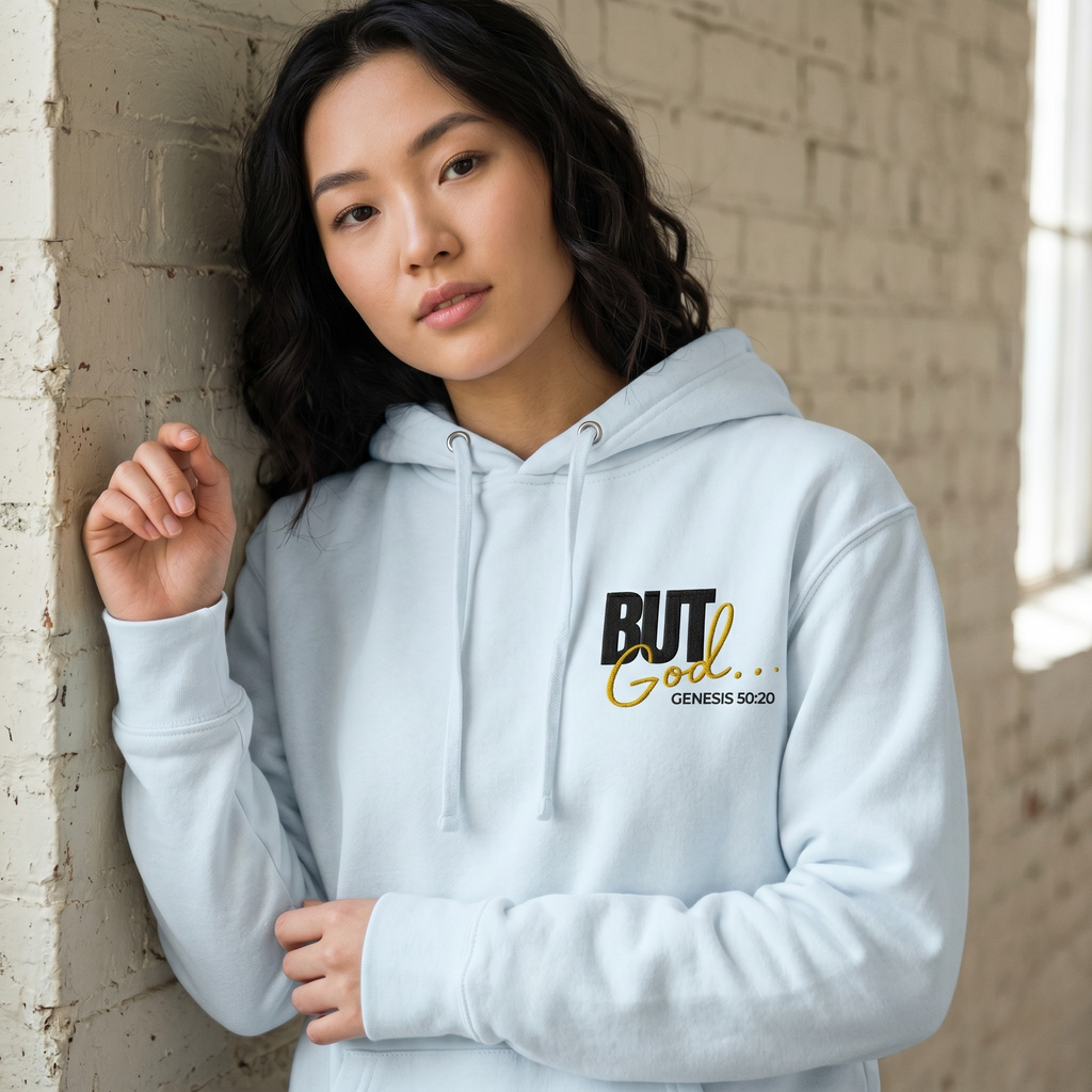 But God- lighter shades embroidered cotton hoodie